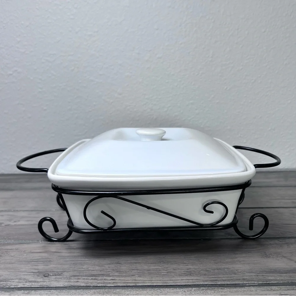 Banquet White Ceramic Casserole Baking Dish with Lid & Scrollwork Metal Stand
